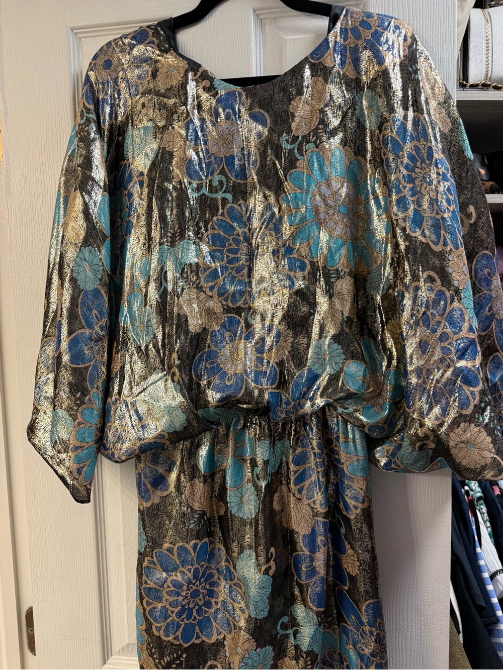 Trina Turk Metallic Floral Midi Dress in Blue, Teal & Gold